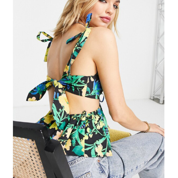 New TOPSHOP NORDSTROM Multicolor Floral Cutout Peplum Camisole 100% Cotton Sz 12 - Picture 5 of 8